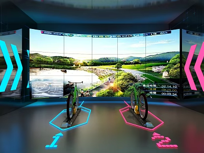 Virtual Cycling Studio With Curved Screen Outdoor Scenery Two Bikes And Glowing Floor Arrows 3d model
