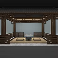 Traditional Chinese Wooden Pavilion With Classic Roof Seats And Central Table