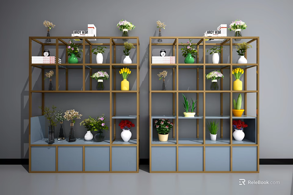 Stylish Garden Decor On Multi Tier Wooden Shelves With Blue Cabinets Potted Plants And Vases 3d model 