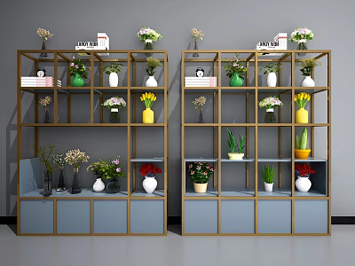 Stylish Garden Decor On Multi Tier Wooden Shelves With Blue Cabinets Potted Plants And Vases 3d model