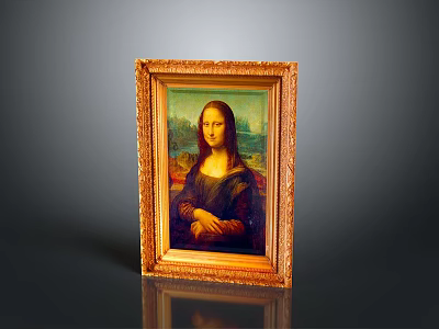 Classic Portrait Painting of Smiling Woman with Landscape Background in Golden Frame 3d model