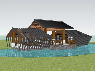 Modern Garden Pavilion With Wooden Structure Black Roof On Water And Green Grass 3d model