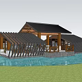 Modern Garden Pavilion With Wooden Structure Black Roof On Water And Green Grass