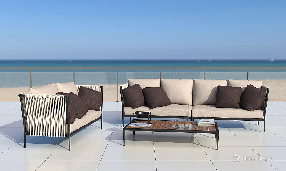 Beige Outdoor Sofa Set With Dark Cushions Coffee Table And Sea View 3d model 