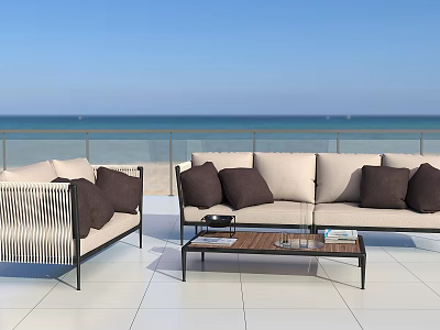 Beige Outdoor Sofa Set With Dark Cushions Coffee Table And Sea View 3d model