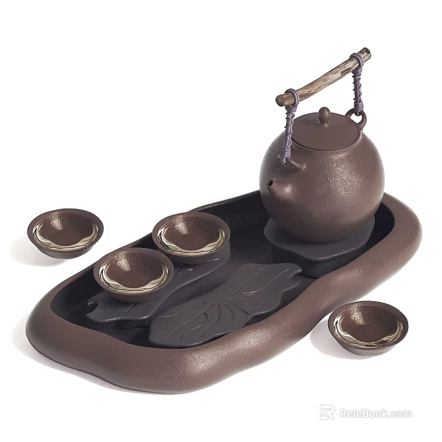 Traditional Dark Ceramic Tea Set with Teapot Wooden Handle and Tea Cups on Tray 3d model