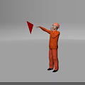 Construction Worker In Orange Uniform With Safety Helmet Directing Red Triangular Flag