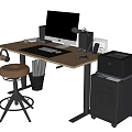 Wooden Desk Setup With Computer Monitor Keyboard Mouse Lamp Headphones Printer And Stool