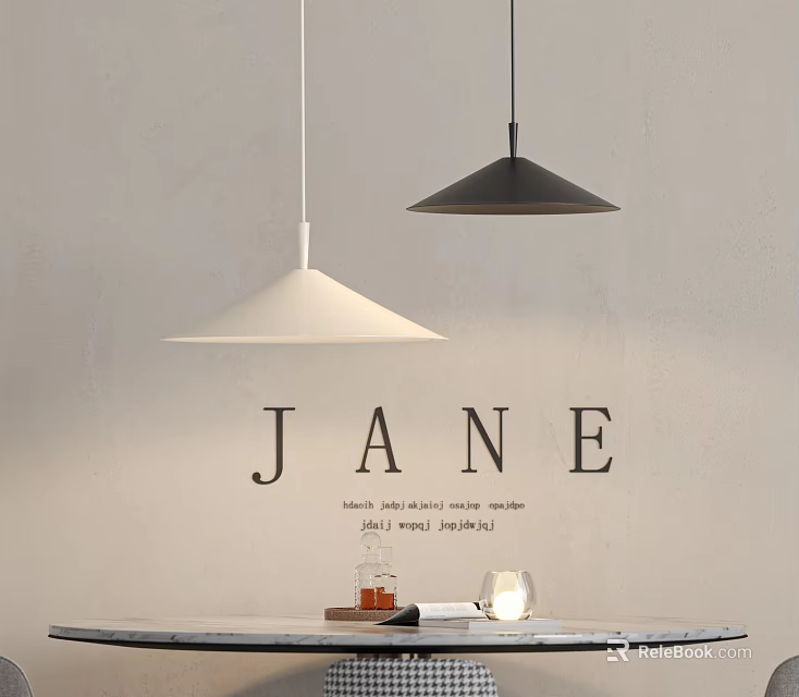 Minimalist White And Black Conical Pendant Lights In Modern Interior Above Table 3d model 
