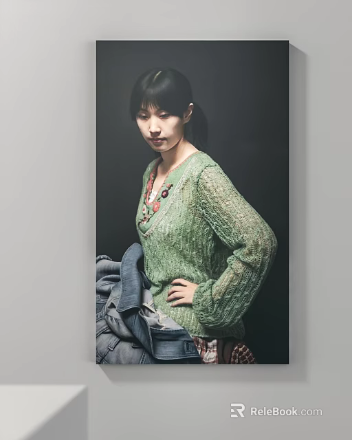 Elegant Portrait Painting of Female in Green Knitted Sweater with Hand on Hip and Jeans 3d model 