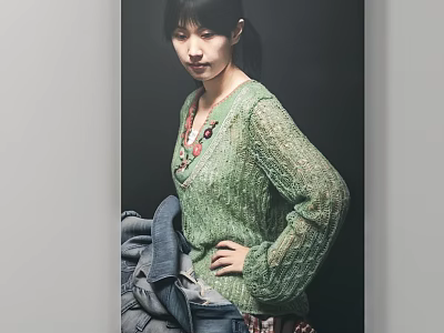 Elegant Portrait Painting of Female in Green Knitted Sweater with Hand on Hip and Jeans 3d model
