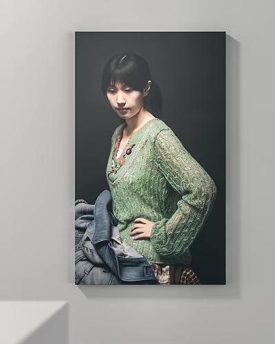 Elegant Portrait Painting of Female in Green Knitted Sweater with Hand on Hip and Jeans 3d model