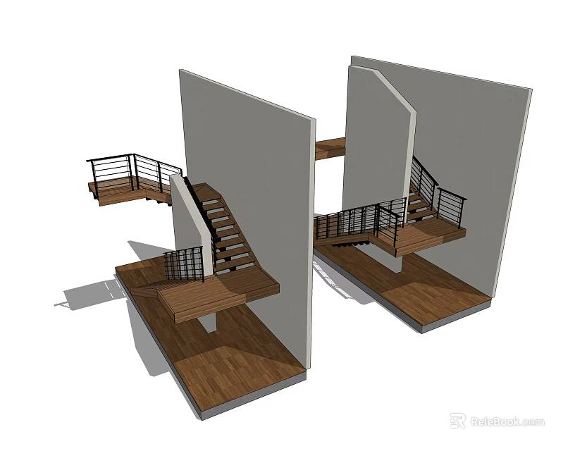 Modern Stairs Design With Wooden Steps Metal Railings And Angled Landing 3d model 