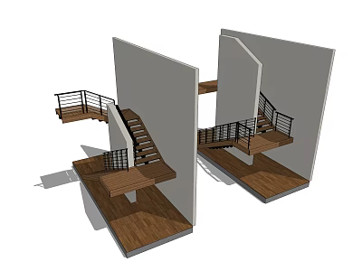 Modern Stairs Design With Wooden Steps Metal Railings And Angled Landing 3d model