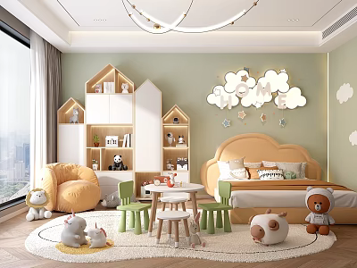 Cozy Kids Bedroom With Pastel Walls Cloud Lights And Plush Toys 3d model
