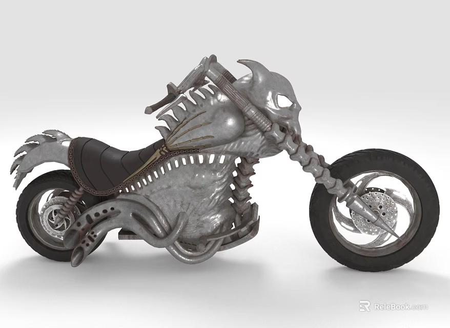 Unique Skull Head Custom Motorcycle With Metallic Frame And Black Leather Seat 3d model 