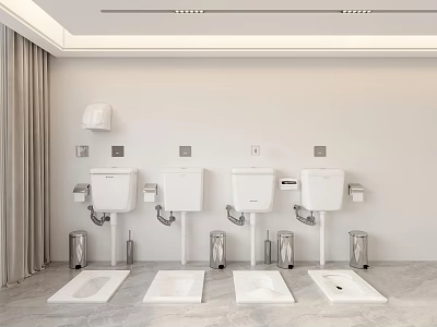 Row of White Wall Mounted Squat Toilets with Metal Bins Gray Floor and Ceiling Lights 3d model