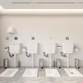 Row of White Wall Mounted Squat Toilets with Metal Bins Gray Floor and Ceiling Lights