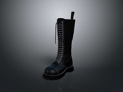 Black Long Leather Boots With Lace Up Design And Thick Rubber Sole 3d model