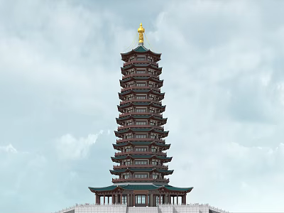 Traditional Multi tiered Pagoda with Golden Top Wooden Structure and Eaves against Sky and Clouds 3d model