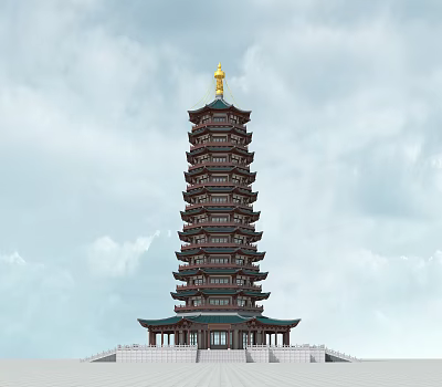 Traditional Multi tiered Pagoda with Golden Top Wooden Structure and Eaves against Sky and Clouds 3d model