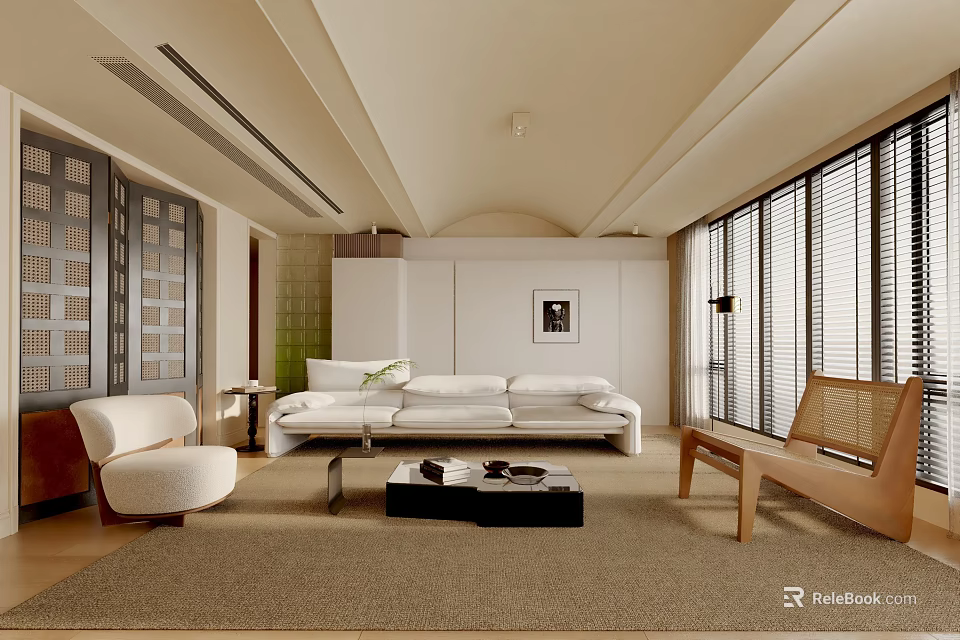 Modern Living Room Interior With White Sofa Black Coffee Table Beige Rug And Wooden Armchair 3d model 