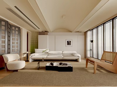 Modern Living Room Interior With White Sofa Black Coffee Table Beige Rug And Wooden Armchair 3d model