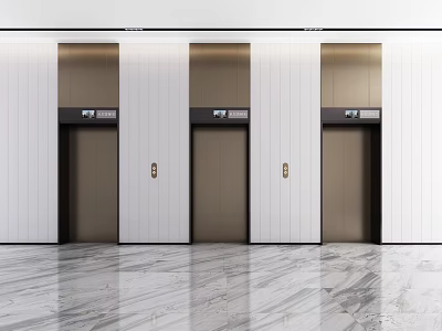 Modern Elevator Lobby With Three Bronze Doors White Paneled Walls And Marble Floor 3d model