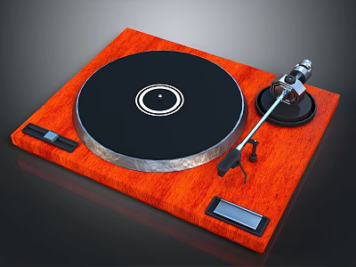 Vintage Turntable With Orange Wooden Base Black Platter And Tonearm 3d model