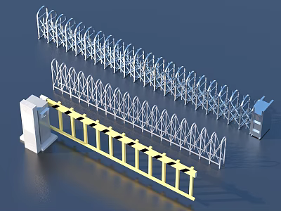 Electric Retractable Gate with White and Yellow Structure Gate Post and Control Box 3d model