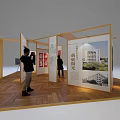 Exhibition Booth With Wooden Frame Display Panels Artworks And Visitors
