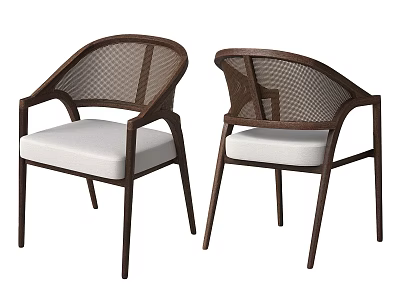 Modern Minimalist Leisure Chairs With Rattan Backrest Wooden Frame And White Cushion 3d model