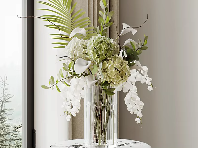 Clear Glass Vase with White Orchids Green Hydrangeas Palm Leaves and Greenery on Window Table 3d model