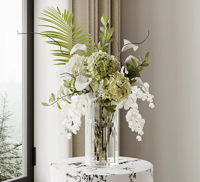 Clear Glass Vase with White Orchids Green Hydrangeas Palm Leaves and Greenery on Window Table 3d model