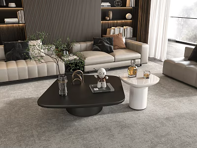 Modern Living Room With Stylish Coffee Tables Sofa And Green Plant Decorations 3d model