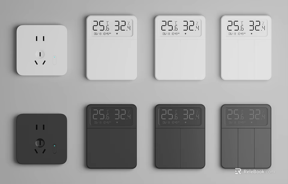 Modern Switch Panels In White And Black With Digital Thermostat Display For Home Interior 3d model 