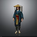 Traditional Costume With Blue Robe Red Sash Yellow Apron Bamboo Hat White Headscarf And Boots