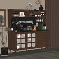 Modern Wooden Sideboard With Glass Doors Drawers Storage Shelves And Decorative Items In Living Space