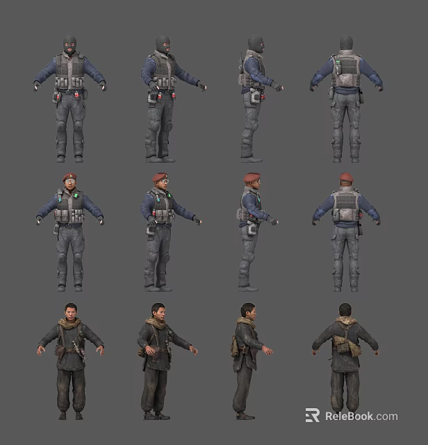 Game Movie Character 3D Model Design Showing Multiple Angles And Tactical Outfits 3d model 
