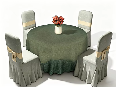Dining Table Set With Green Tablecloth White Vase Red Flowers And Gray Chairs Gold Bows 3d model