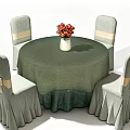 Dining Table Set With Green Tablecloth White Vase Red Flowers And Gray Chairs Gold Bows