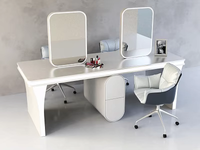 White Functional Desk With Two Mirrors Cosmetics Photo Frame And Gray Chair 3d model