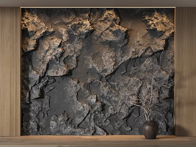 Rock Texture Wall Sculpture With Wooden Frame And Vase With Dry Branches 3d model