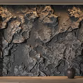 Rock Texture Wall Sculpture With Wooden Frame And Vase With Dry Branches