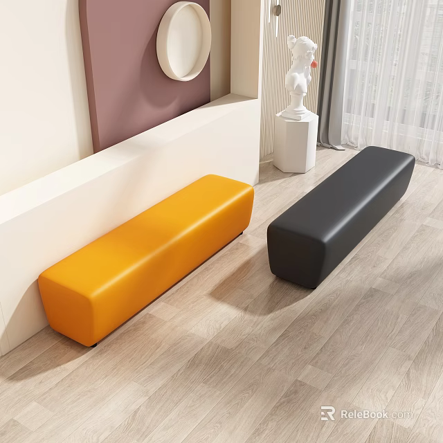 Modern Orange and Black Leather Stools in Interior with Wooden Floor and Decor 3d model 
