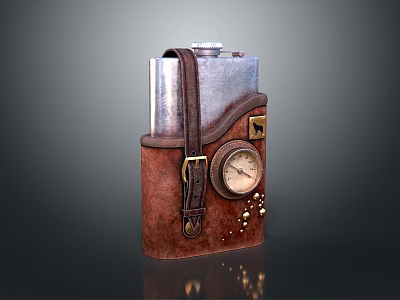 Vintage Leather Flask With Silver Metal Body Decorative Clock Face And Rivet Accents 3d model
