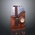 Vintage Leather Flask With Silver Metal Body Decorative Clock Face And Rivet Accents