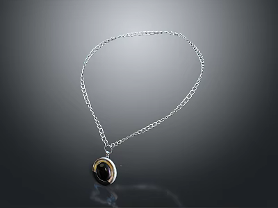 Simple Silver Necklace With Thin Chain And Round Dark Center Pendant 3d model