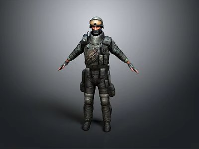 Game Movie Character In Tactical Gear With Helmet Goggles And Utility Pouches Standing Pose 3d model