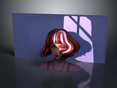 Female Character Bust With Brown Pink Streaked Hair And Window Light Shadow On Purple Background 3d model